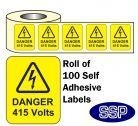 Danger 415 Volts Roll Of 100 Self Adhesive Labels 40x50mm