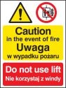 Caution in the event of fire do not use lift (English Polish) Sign