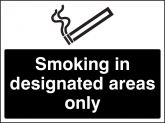Smoking in designated areas only (white black) Sign