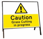 Caution Grass cutting in progress Freestanding Road Sign