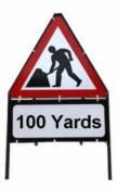 Men At Work With Yards Triangle Temporary Sign With Supplementary Plate
