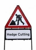 Men At Work With Hedge Cutting Triangle Temporary Sign With Supplementary Plate