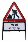 Men At Work With Weed Spraying Triangle Temporary Sign With Supplementary Plate