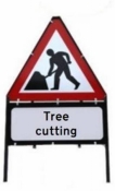 Men At Work With Tree Cutting Triangle Temporary Sign With Supplementary Plate
