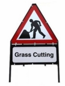 Men At Work With Grass Cutting Triangle Temporary Sign With Supplementary Plate