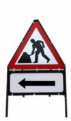 Men At Work With Arrow Left Triangle Temporary Sign With Supplementary Plate