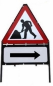 Men At Work With Arrow Right Triangle Temporary Sign With Supplementary Plate