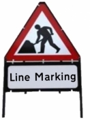 Men At Work With Line Marking Triangle Temporary Sign With Supplementary Plate