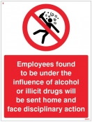 Employees found to be under the influence of alcohol or drugs will be sent home Sign