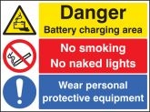 Warning Battery Charging Wear PPE No smoking or naked lights sign