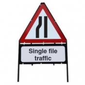 Road Narrows Left Single File Traffic Road Works Sign