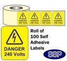 Danger 240 Volts Roll Of 100 Self Adhesive Labels 40x50mm