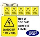 Danger 110 Volts Roll Of 100 Self Adhesive Labels 40x50mm