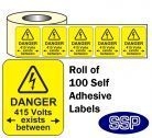 Danger 415 Volts <-Exists Between-> Roll Of 100 Labels 40x50mm