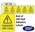 Danger 400 Volts Roll Of 100 Self Adhesive Labels 40x50mm