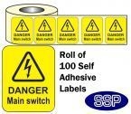 Danger Main Switch Roll Of 100 Self Adhesive Labels 40x50mm