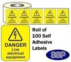 Danger Live Electrical Equipment Roll Of 100 Self Adhesive Labels 40x50mm