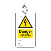 Danger high voltage isolate elsewhere safety tag