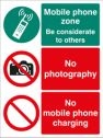 Mobile phone zone - Be considerate to others, no photography, no mobile phone charging sign