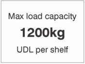 Max load capacity 1200kg UDL per shelf sign