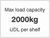 Max load capacity 2000kg UDL per shelf sign