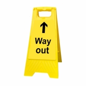 Way Out arrow up yellow freestanding sign