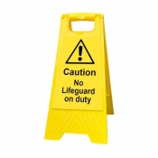 Caution No lifeguard on duty yellow freestanding sign