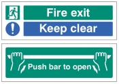 Fire exit Keep Clear/Push bar to open Double sided self adhesive window sticker 300x100mm