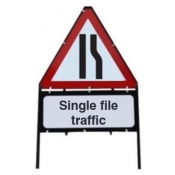 Road Narrows Right Single File Traffic Road Works Sign