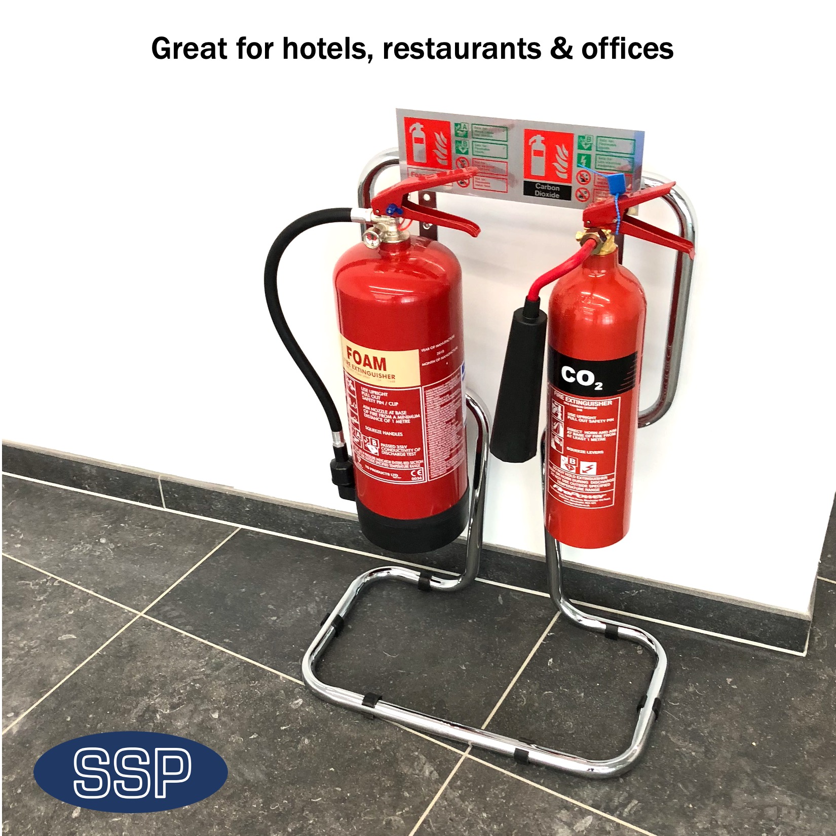 Chrome CO2 and From Extinguishers on Chrome Stand with Signs